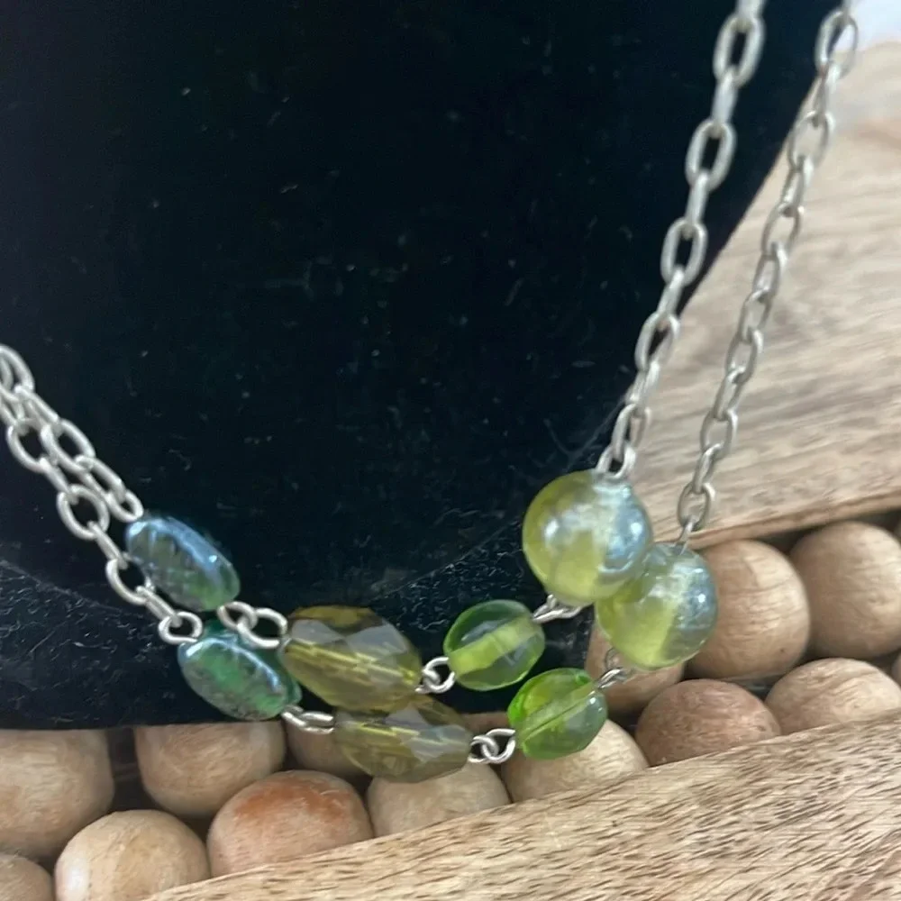 Beaded long necklace glass green silver link chain boho casual